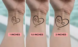 Trzy wersje tatuażu fine line w kształcie serca z imionami na nadgarstku, o rozmiarach 1, 1.5 i 2 cale.