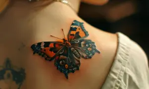 Kolorowy tatuaż motyl na ramieniu, jakby żywy, z pomarańczowymi i niebieskimi skrzydłami.