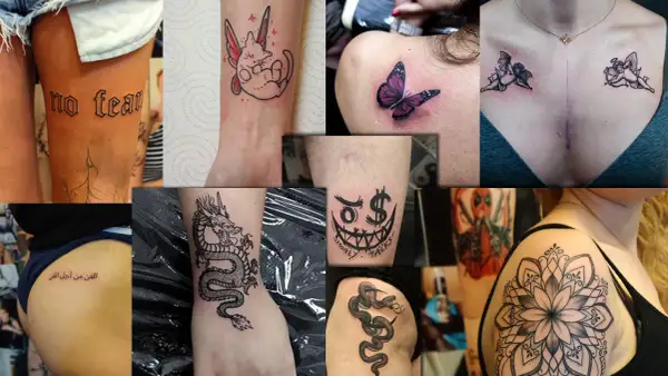 Kolekcja tatuaży: smok, motyl, aniołki, napis "no fear", uśmiechnięta twarz z dolarem, wąż, kwiat. Niektóre z nich mogą być symbolem cierpienia.